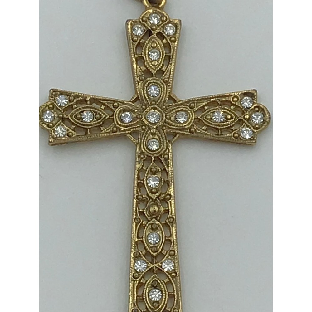 Vintage 1928 Brand Gold Tone Filigree Cross Pendant Rhinestone Religious Large